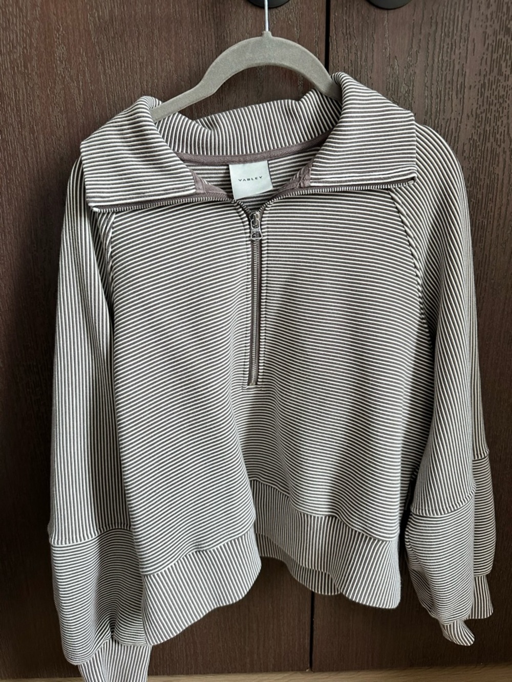 Varley Taupe and Cream Striped Crewneck Jacket - Picture 3 of 3